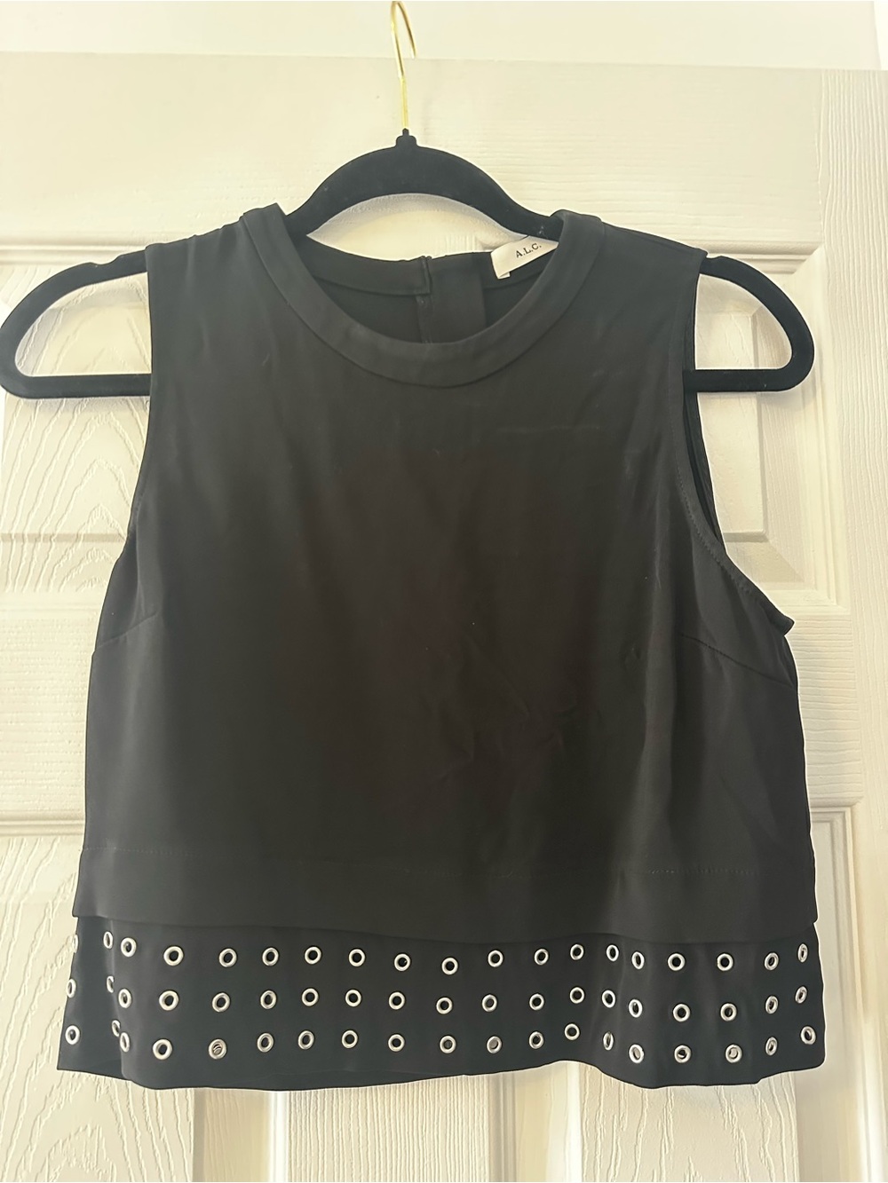 A.L.C. Black Sleeveless Eyelet-Hem Crop Top